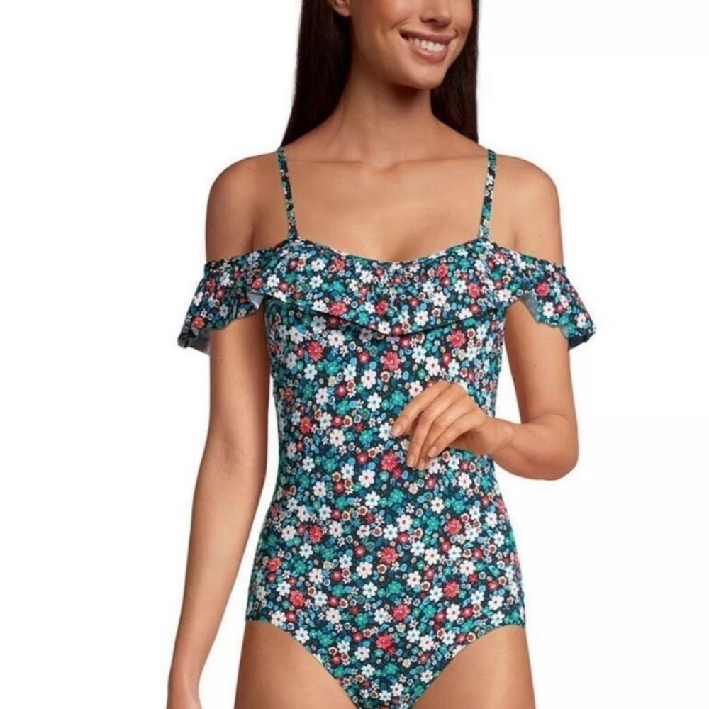 Lands' End Floral One Piece Swimsuit - Blue and Pink
